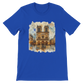 True royal blue Notre Dame Cathedral Paris France travel graphic t shirt with animated landmark illustration. Stylish unisex streetwear top crafted from soft Airlume cotton. Great for travelers, culture enthusiasts, and artistic fashion statement outfits.