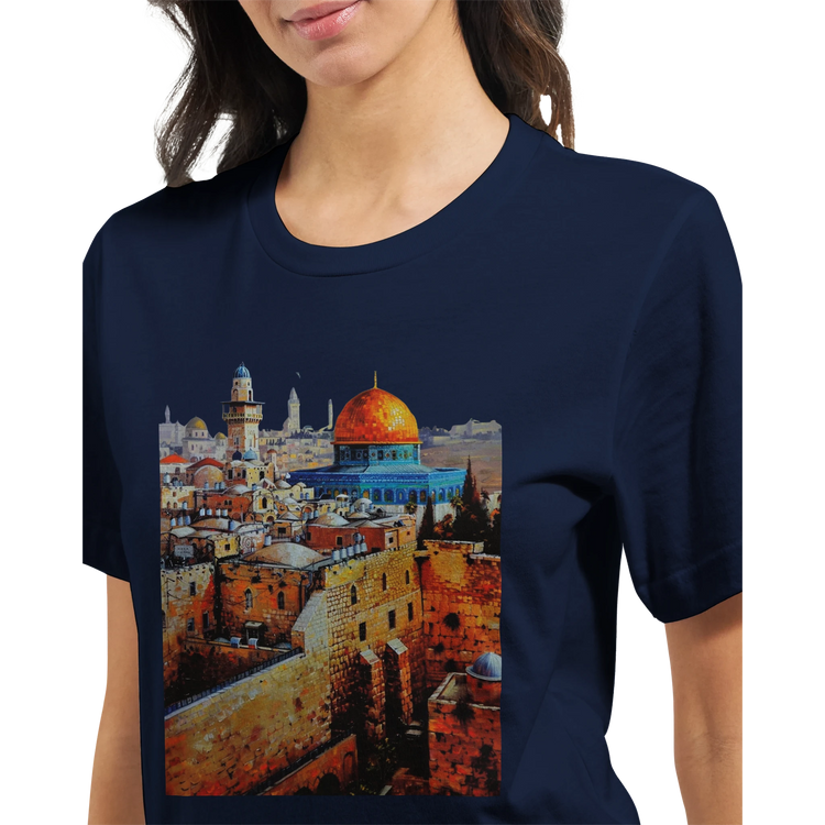 Islamic art inspired Al Aqsa Mosque graphic tee with colorful animated mosque print. Premium cotton unisex shirt for cultural heritage fashion lovers modest streetwear enthusiasts and global design admirers.