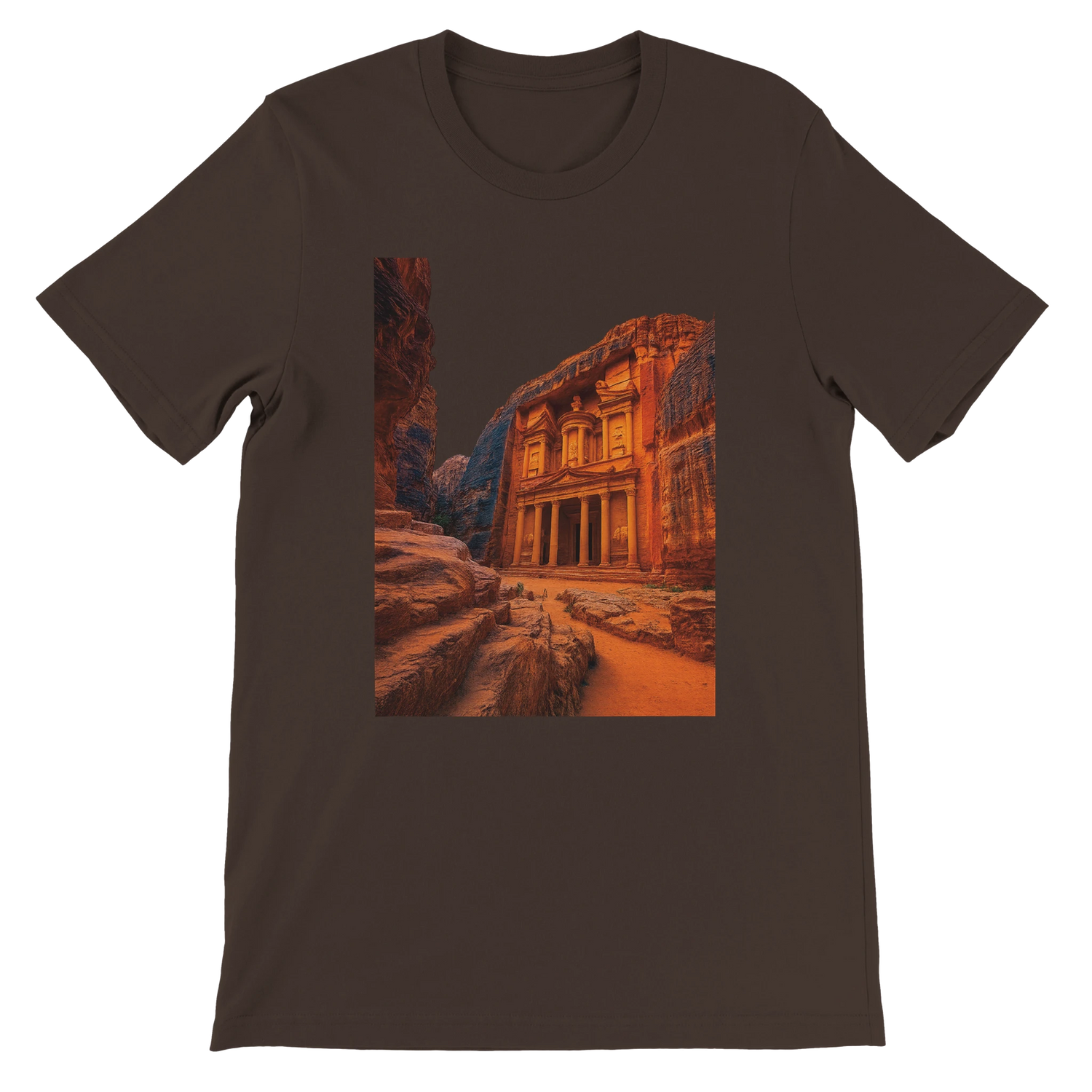 Brown Petra in Jordan animated landmark t shirt soft premium cotton comfortable tailored fit colorful world heritage art perfect for travelers cultural fashion fans and unique streetwear lovers