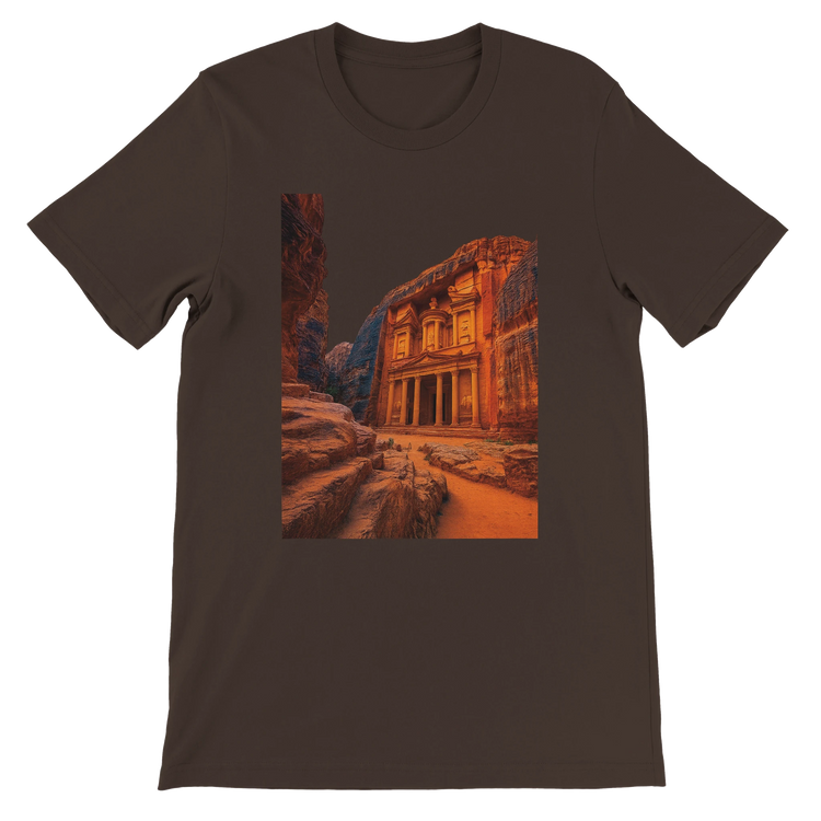 Brown Petra in Jordan animated landmark t shirt soft premium cotton comfortable tailored fit colorful world heritage art perfect for travelers cultural fashion fans and unique streetwear lovers