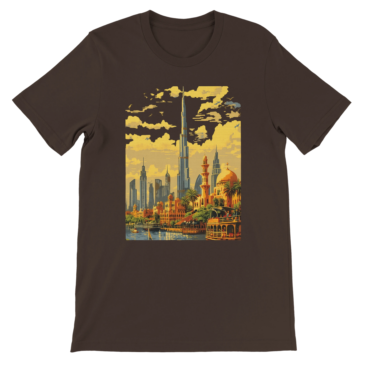 Brown animated style Burj Khalifa Dubai t shirt featuring colorful landmark illustration for world travelers city skyline fans and urban fashion lovers premium quality cotton tee made for print on demand apparel and global culture streetwear