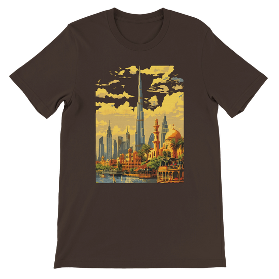 Brown animated style Burj Khalifa Dubai t shirt featuring colorful landmark illustration for world travelers city skyline fans and urban fashion lovers premium quality cotton tee made for print on demand apparel and global culture streetwear