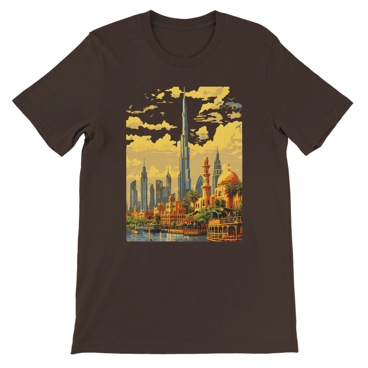Brown animated style Burj Khalifa Dubai t shirt featuring colorful landmark illustration for world travelers city skyline fans and urban fashion lovers premium quality cotton tee made for print on demand apparel and global culture streetwear