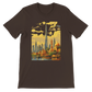 Brown animated style Burj Khalifa Dubai t shirt featuring colorful landmark illustration for world travelers city skyline fans and urban fashion lovers premium quality cotton tee made for print on demand apparel and global culture streetwear