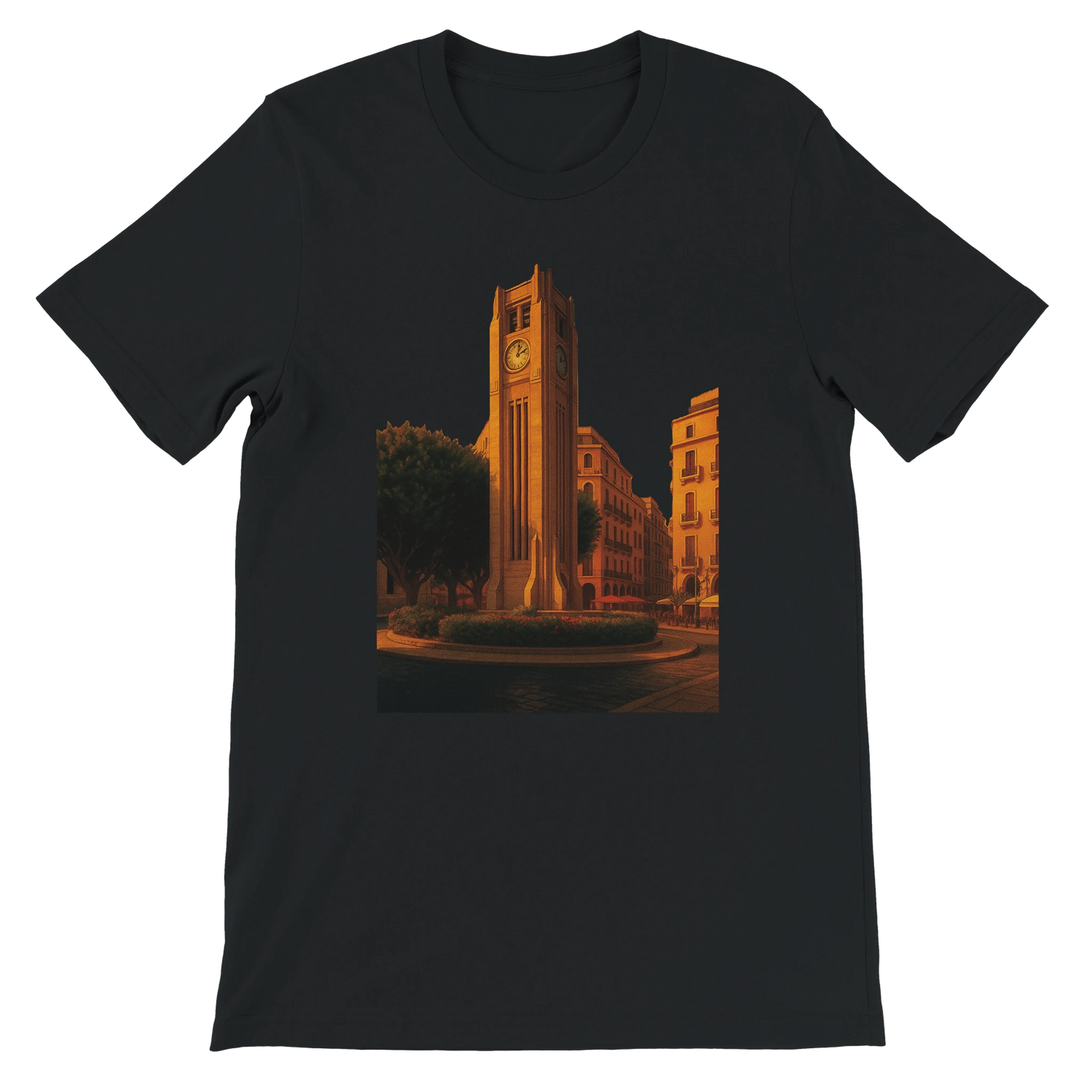 Black Beirut animated style landmark t-shirt featuring detailed Solidere Square city art printed using DTG technology on premium cotton for bold urban streetwear travel inspired outfits and cultural fashion lovers