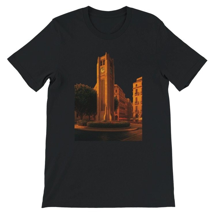 Black Beirut animated style landmark t-shirt featuring detailed Solidere Square city art printed using DTG technology on premium cotton for bold urban streetwear travel inspired outfits and cultural fashion lovers