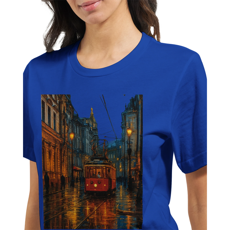 Premium unisex cotton t-shirt featuring animated Istanbul Taksim Street travel artwork perfect for city skyline graphic tee lovers urban fashion enthusiasts and world landmark apparel collectors