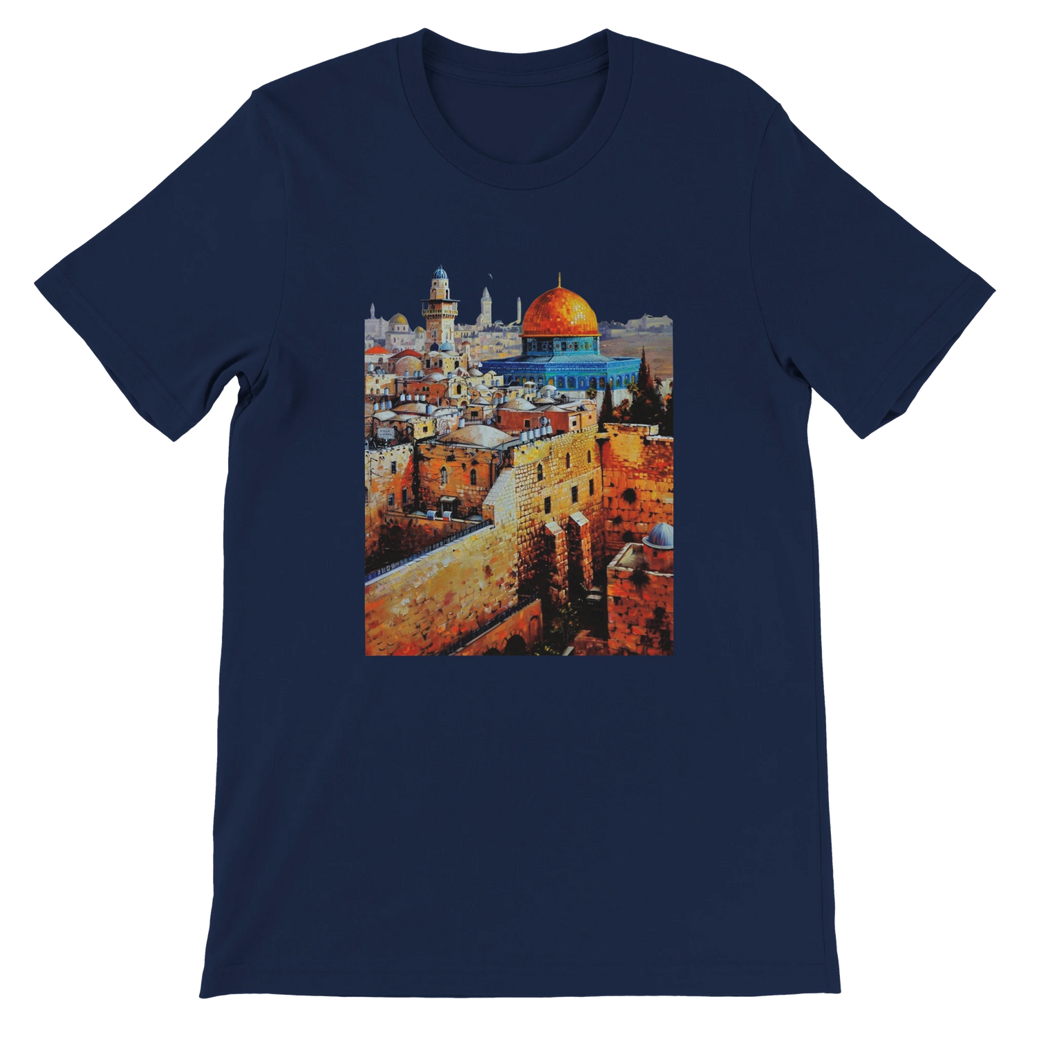 Navy blue Al Aqsa Mosque animated landmark T-shirt with modern graphic illustration. Premium unisex cotton tee for Islamic art lovers cultural heritage fashion and stylish urban wear.