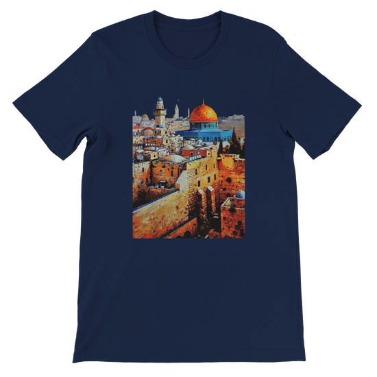 Navy blue Al Aqsa Mosque animated landmark T-shirt with modern graphic illustration. Premium unisex cotton tee for Islamic art lovers cultural heritage fashion and stylish urban wear.