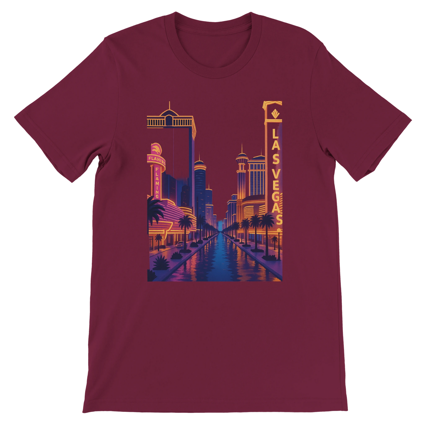 Maroon Las Vegas City Animated Style t-shirt with vibrant animated city skyline print of Las Vegas. Premium cotton unisex graphic tee perfect for travel outfits city culture fashion and streetwear looks.