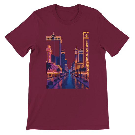 Maroon Las Vegas City Animated Style t-shirt with vibrant animated city skyline print of Las Vegas. Premium cotton unisex graphic tee perfect for travel outfits city culture fashion and streetwear looks.