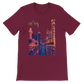 Maroon Las Vegas City Animated Style t-shirt with vibrant animated city skyline print of Las Vegas. Premium cotton unisex graphic tee perfect for travel outfits city culture fashion and streetwear looks.