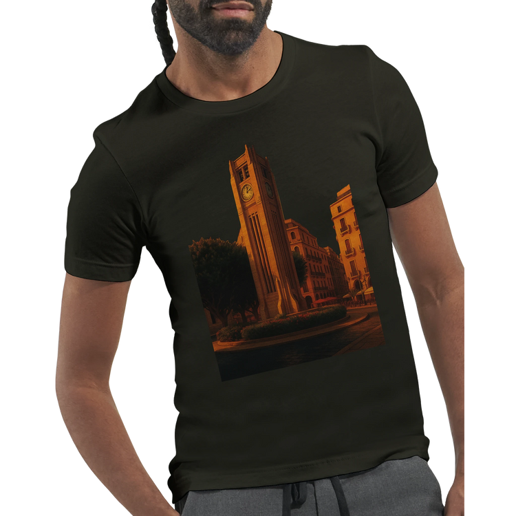Artistic Beirut city landmark t-shirt featuring animated Solidere Square design printed with DTG technology on soft cotton for world traveler style global culture clothing and casual urban wear