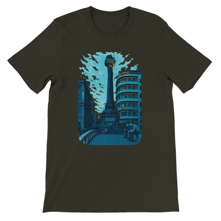 Dark olive T shirt with animated Al Marjeh Square Damascus Syria design soft and stylish premium cotton streetwear tee for travelers and global culture enthusiasts