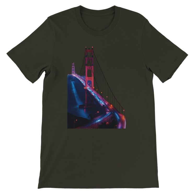 Dark olive Golden Gate Bridge animated style t shirt with landmark illustration for urban travelers and streetwear lovers. Premium cotton shirt perfect for casual fashion global culture outfits and vacation style.
