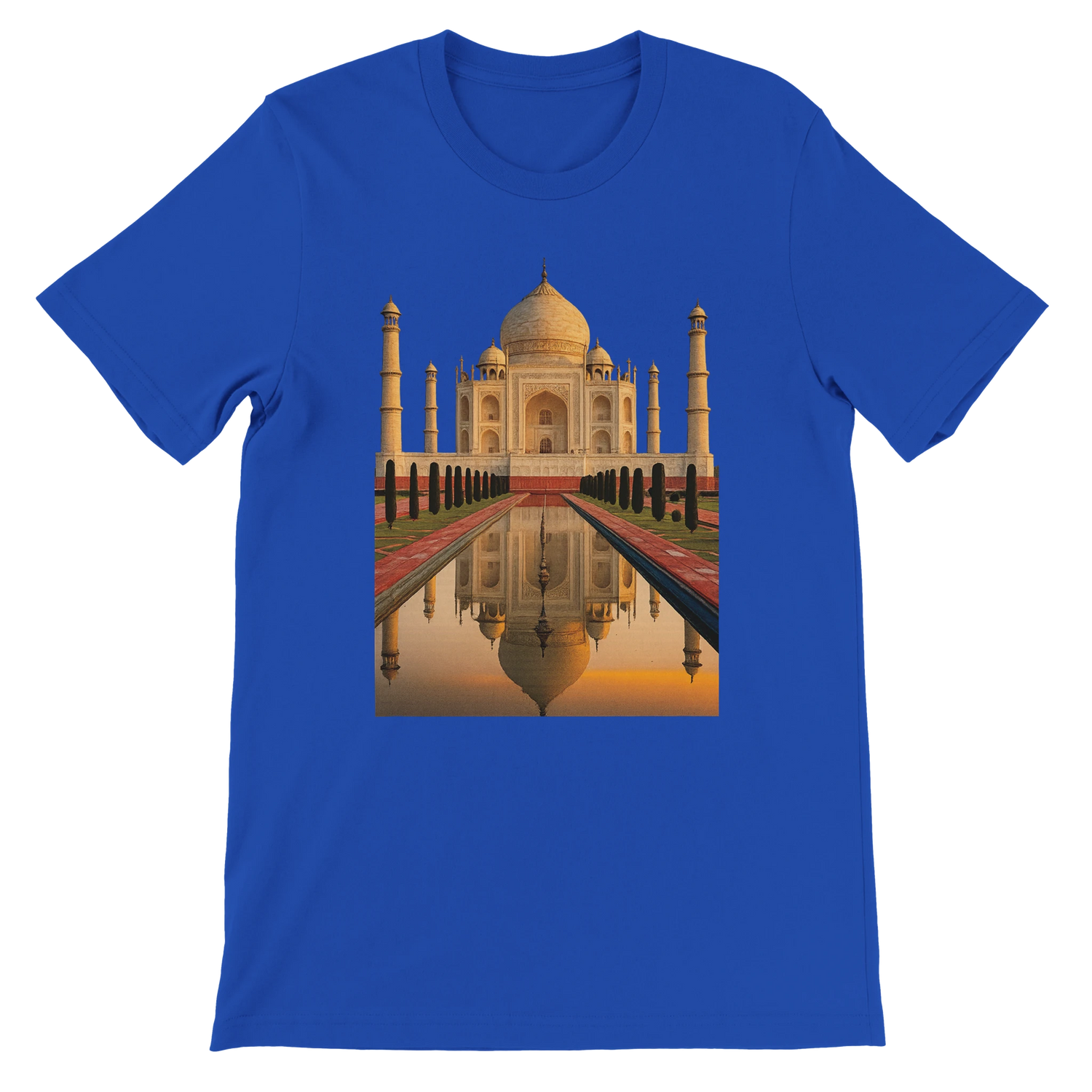 True royal blue t-shirt with animated Taj Mahal design inspired by Indian landmarks. Soft premium cotton ideal for DTG print, unisex fit, and modern streetwear. Iconic travel-inspired graphic tee for cultural trendsetters and explorers.
