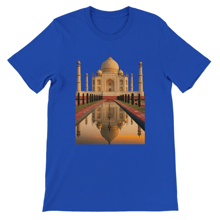 True royal blue t-shirt with animated Taj Mahal design inspired by Indian landmarks. Soft premium cotton ideal for DTG print, unisex fit, and modern streetwear. Iconic travel-inspired graphic tee for cultural trendsetters and explorers.