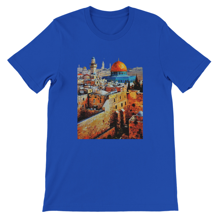 True royal blue Al Aqsa Mosque animated landmark graphic tee made with soft premium cotton. Stylish unisex travel and culture T-shirt ideal for Islamic art enthusiasts urban wear fans and vibrant street style outfits.