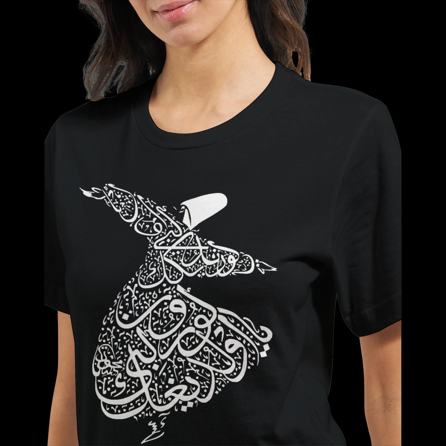 Premium unisex calligraphy t-shirt featuring a graceful Arabic dance-inspired print crafted with DTG-friendly eco cotton offering comfort style and a bold statement for cultural fashion and artistic lifestyle branding