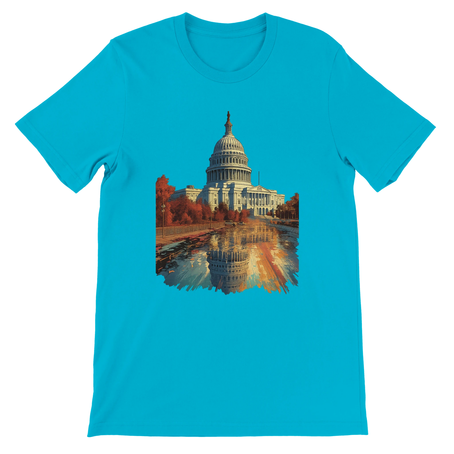 Turquoise cityscape t-shirt with artistic White House animation. Stylish Washington DC travel tee made from soft eco-friendly cotton ideal for vibrant DTG prints and culture-driven urban streetwear.