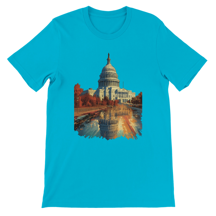 Turquoise cityscape t-shirt with artistic White House animation. Stylish Washington DC travel tee made from soft eco-friendly cotton ideal for vibrant DTG prints and culture-driven urban streetwear.