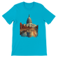 Turquoise cityscape t-shirt with artistic White House animation. Stylish Washington DC travel tee made from soft eco-friendly cotton ideal for vibrant DTG prints and culture-driven urban streetwear.