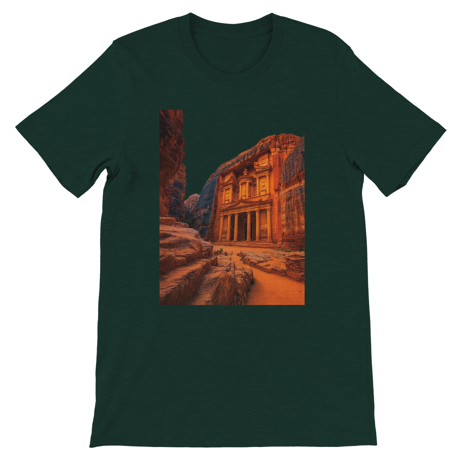 Heather emerald Petra in Jordan animated style t shirt colorful heritage site illustration premium cotton unisex travel wear perfect for cultural fashion lovers and print on demand streetwear fans