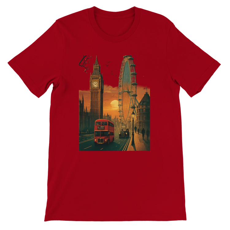 Red London City Animated Style soft cotton T-shirt with bold colorful London skyline design unisex streetwear tee for travelers and lovers of urban culture and animated landmark art