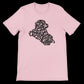 Light pink t-shirt with Iraq map in calligraphy style for women and men. Arabic art printed on soft eco-friendly cotton, ideal for Middle Eastern streetwear, Islamic identity apparel, and trendy calligraphy fashion collections.