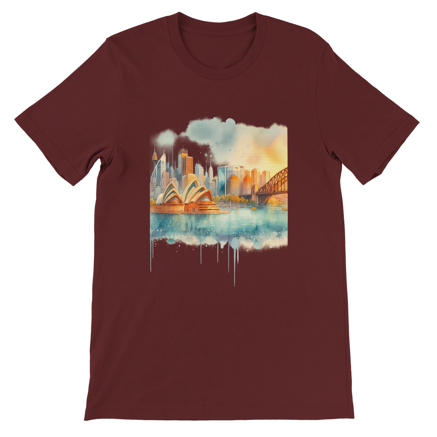 Heather maroon t-shirt with detailed cartoon-style Sydney landmark design, featuring the Opera House and Harbour Bridge. Great for cultural fashion fans, world travelers, and art-forward streetwear. Soft cotton, eco-safe inks, and unisex fit.