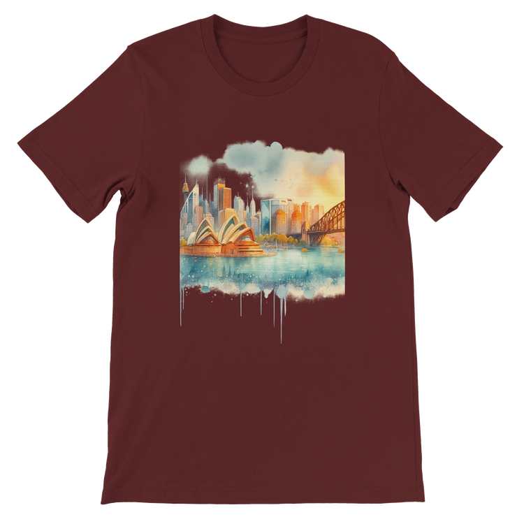 Heather maroon t-shirt with detailed cartoon-style Sydney landmark design, featuring the Opera House and Harbour Bridge. Great for cultural fashion fans, world travelers, and art-forward streetwear. Soft cotton, eco-safe inks, and unisex fit.