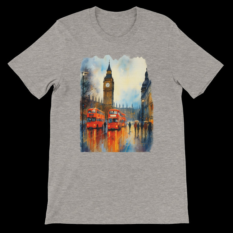 Heather Dust London tee with Big Ben and red double-decker buses.