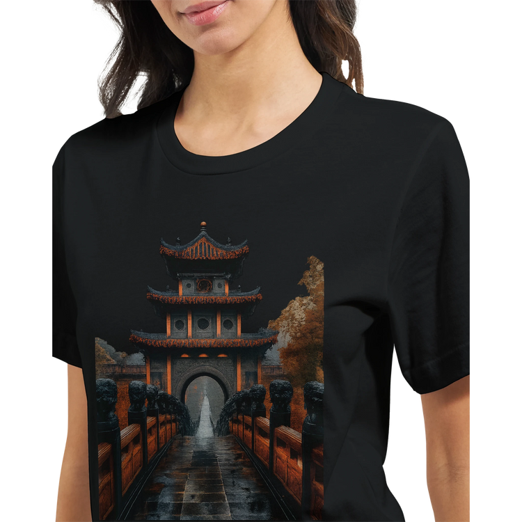 Ancient Chinese Mega Bridge animated style graphic t-shirt made with premium soft cotton unisex streetwear fit colorful DTG print perfect for travel lovers urban explorers and cultural fashion enthusiasts