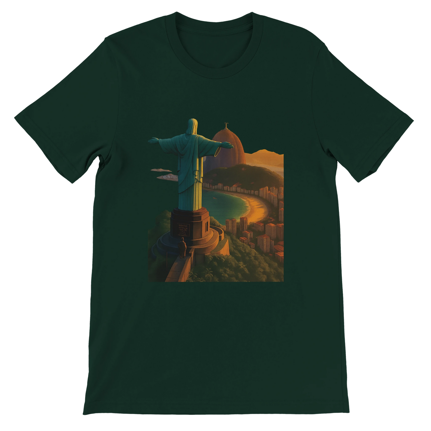 Forest green Christ the Redeemer animated graphic t-shirt inspired by Rio de Janeiro Brazil travel art. Premium soft cotton streetwear tee for travelers culture fans and outdoor explorers.