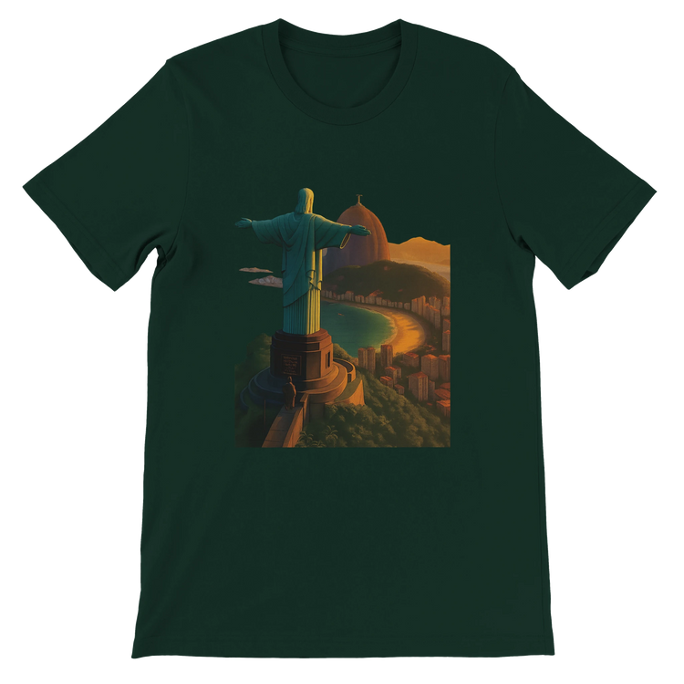 Forest green Christ the Redeemer animated graphic t-shirt inspired by Rio de Janeiro Brazil travel art. Premium soft cotton streetwear tee for travelers culture fans and outdoor explorers.