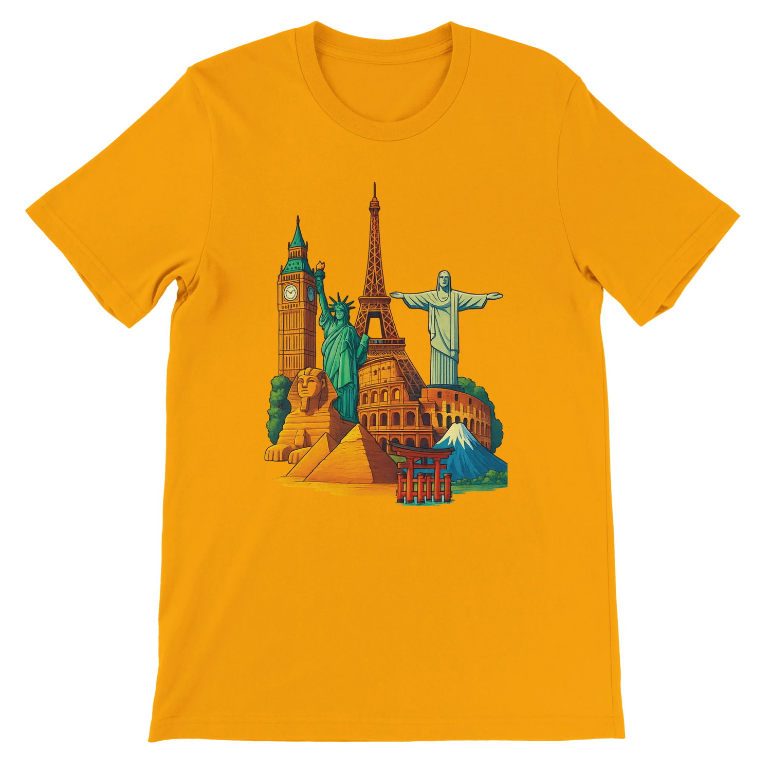 Gold Famous Landmarks Animated Style T-Shirt with colorful animated world landmark graphics for global travel lovers and streetwear enthusiasts crafted in premium cotton with a flattering unisex fit great for casual tourism inspired wear and print on demand fashion