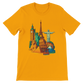 Gold Famous Landmarks Animated Style T-Shirt with colorful animated world landmark graphics for global travel lovers and streetwear enthusiasts crafted in premium cotton with a flattering unisex fit great for casual tourism inspired wear and print on demand fashion
