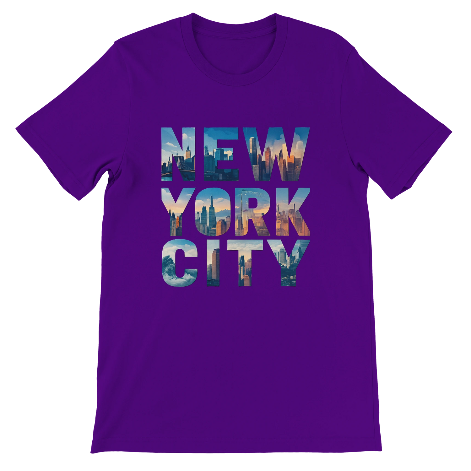 Team purple New York City graphic t shirt animated skyline design soft premium cotton trendy streetwear piece ideal for travel enthusiasts and NYC fashion lovers