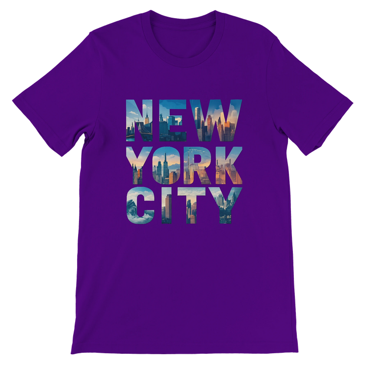 Team purple New York City graphic t shirt animated skyline design soft premium cotton trendy streetwear piece ideal for travel enthusiasts and NYC fashion lovers