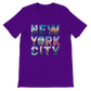 Team purple New York City graphic t shirt animated skyline design soft premium cotton trendy streetwear piece ideal for travel enthusiasts and NYC fashion lovers