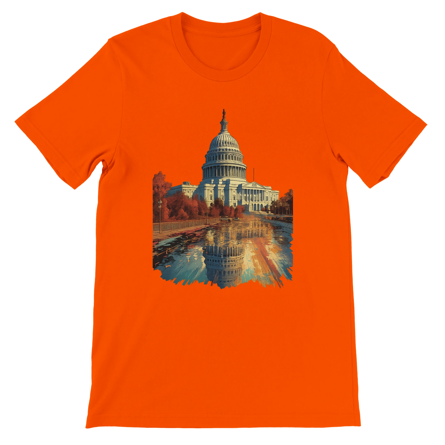 Orange cotton tee with bold White House animated print based on Washington DC. DTG printing compatible shirt for streetwear enthusiasts who embrace colorful global fashion and modern landmark graphics.