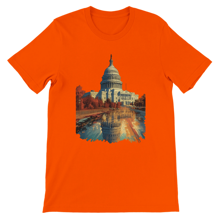 Orange cotton tee with bold White House animated print based on Washington DC. DTG printing compatible shirt for streetwear enthusiasts who embrace colorful global fashion and modern landmark graphics.