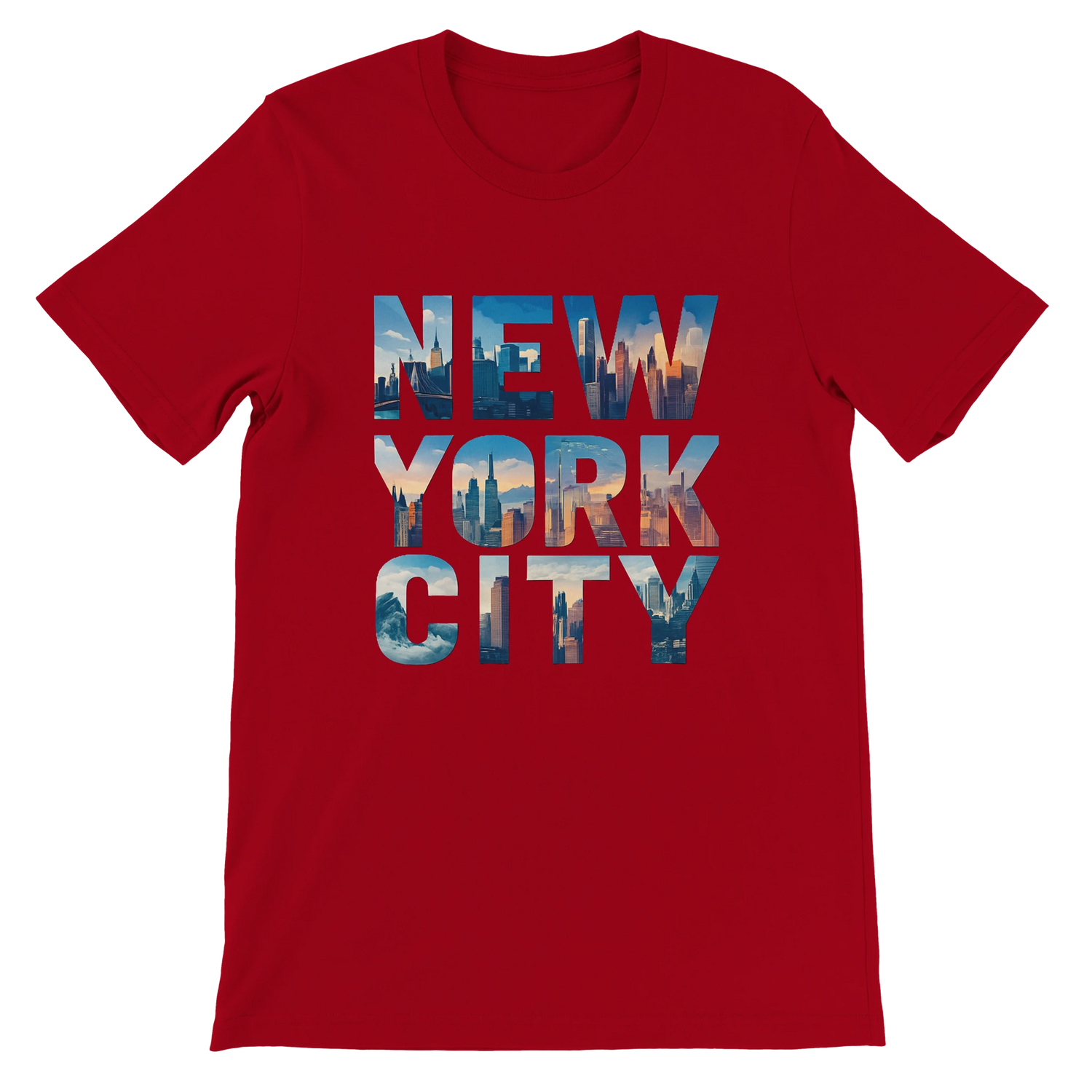 Red NYC skyline graphic t shirt animated urban landmark design premium cotton unisex fit stylish travel inspired shirt perfect for streetwear fashion lovers