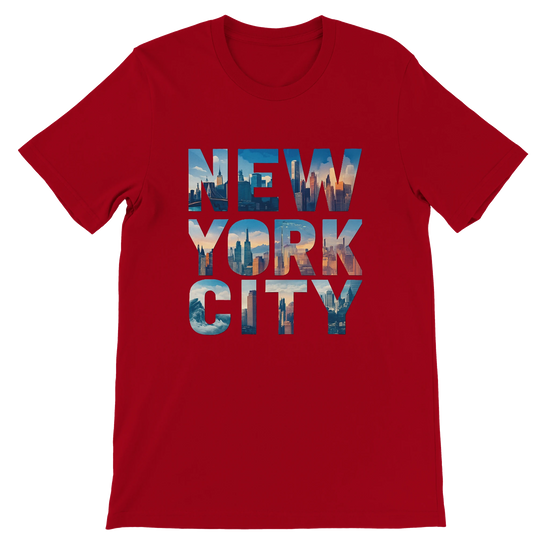 Red NYC skyline graphic t shirt animated urban landmark design premium cotton unisex fit stylish travel inspired shirt perfect for streetwear fashion lovers