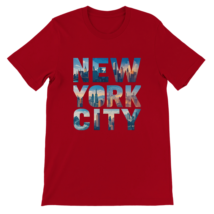Red NYC skyline graphic t shirt animated urban landmark design premium cotton unisex fit stylish travel inspired shirt perfect for streetwear fashion lovers