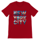 Red NYC skyline graphic t shirt animated urban landmark design premium cotton unisex fit stylish travel inspired shirt perfect for streetwear fashion lovers