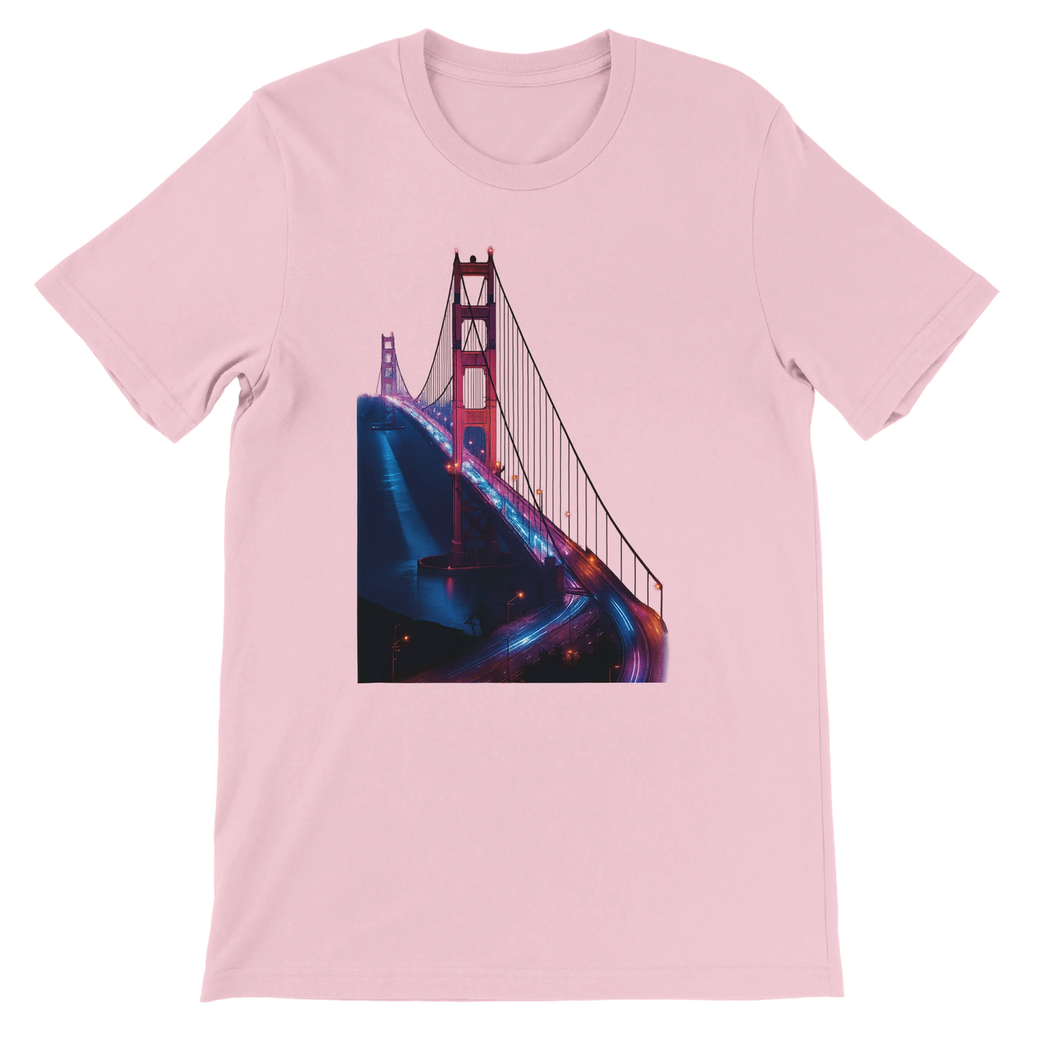 Pink Golden Gate Bridge animated style shirt with vibrant landmark illustration for trendy streetwear lovers. Soft and breathable cotton tee perfect for travel outfits casual wear and print on demand apparel collections.