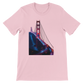 Pink Golden Gate Bridge animated style shirt with vibrant landmark illustration for trendy streetwear lovers. Soft and breathable cotton tee perfect for travel outfits casual wear and print on demand apparel collections.