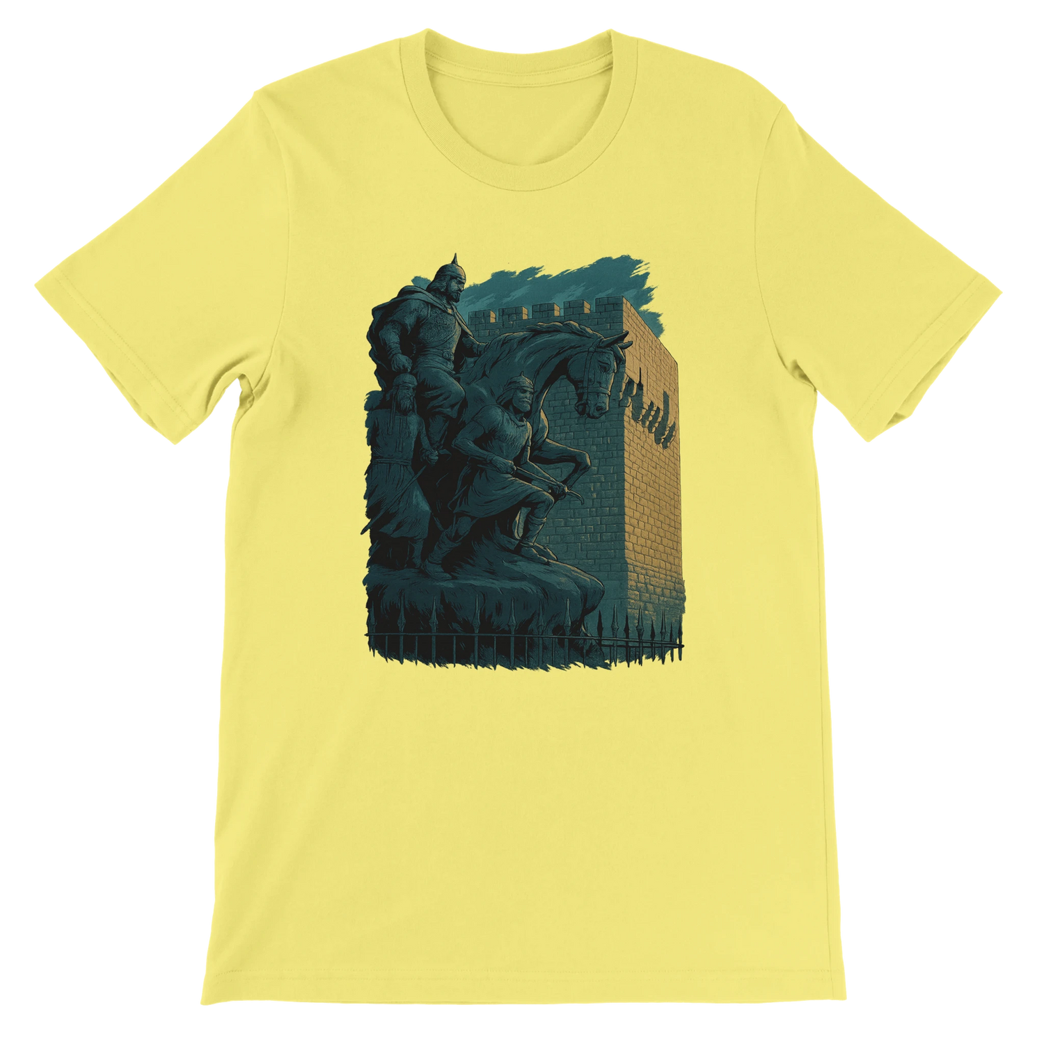 Bright yellow t-shirt with animated Salah Al Din statue from Damascus Syria artwork. Vibrant heritage streetwear for travel fans and Arab culture enthusiasts. Premium DTG print ready cotton tee with soft fabric and unisex fit ideal for global fashion lovers.