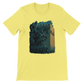 Bright yellow t-shirt with animated Salah Al Din statue from Damascus Syria artwork. Vibrant heritage streetwear for travel fans and Arab culture enthusiasts. Premium DTG print ready cotton tee with soft fabric and unisex fit ideal for global fashion lovers.